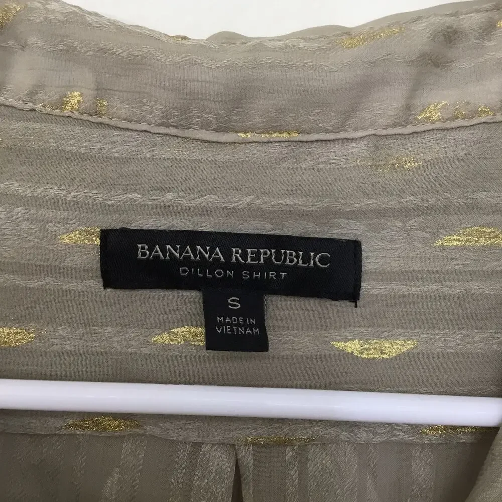 BANANA REPUBLIC Grey Gold Metallic Semi Sheer Button Down Dillon Shirt Sz S - Picture 6 of 9
